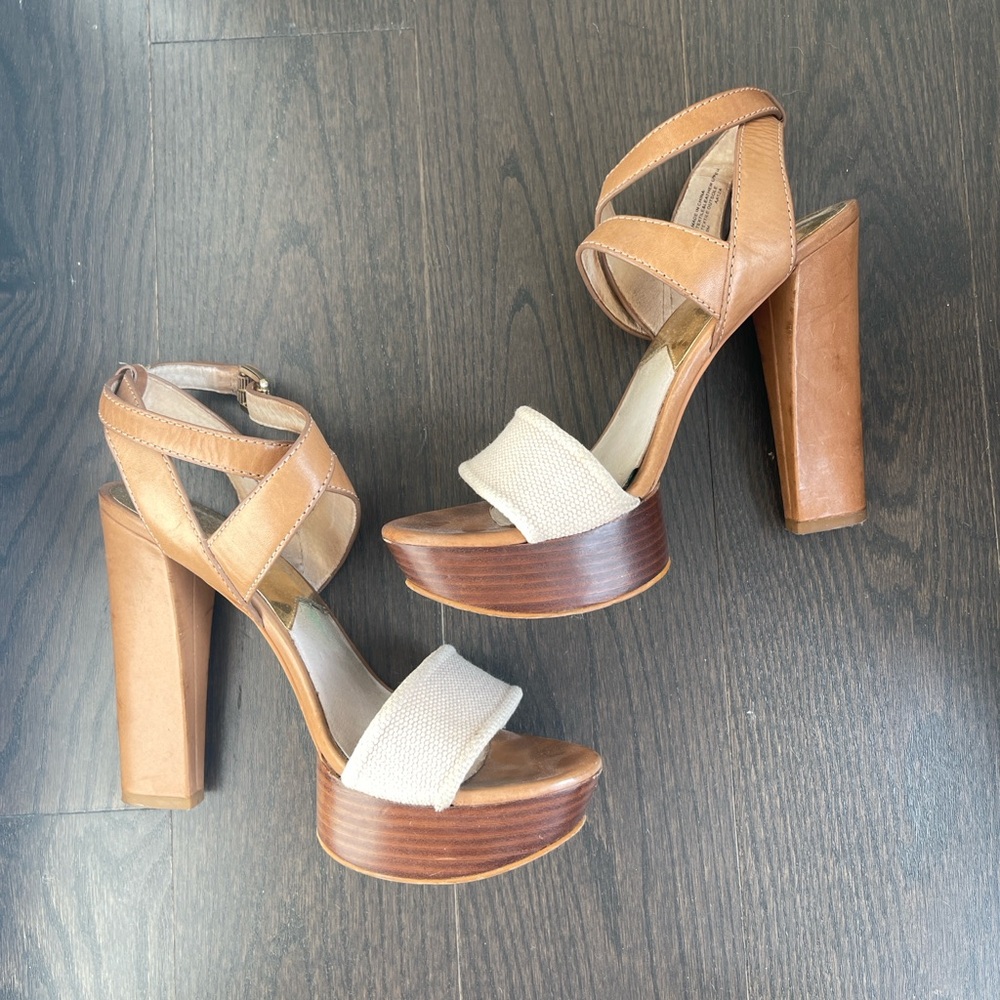 Michael Kors Leather Platform Wooden Sandals with Ankle Strap Size 9